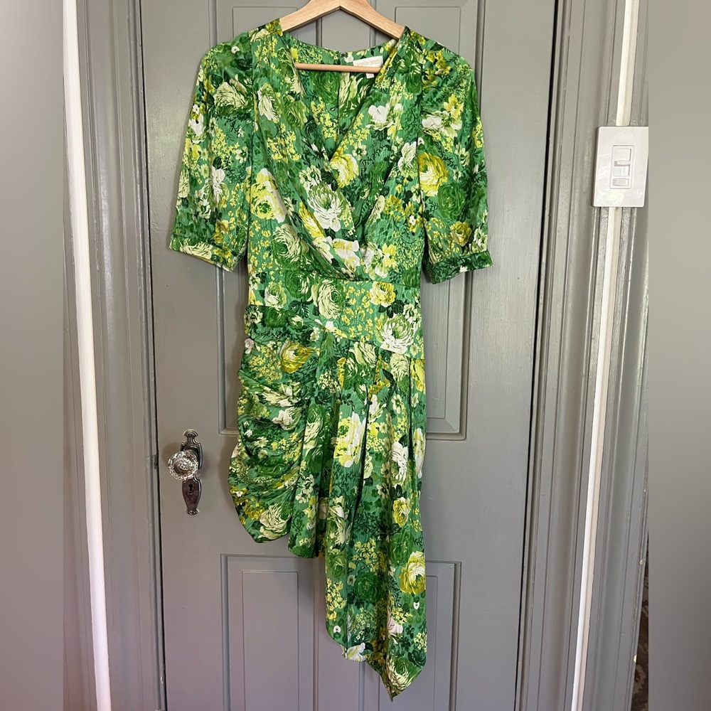 Ronny Kobo Monica Dress Limemu Green Size XS Short Sleeve Floral Asymmetrical